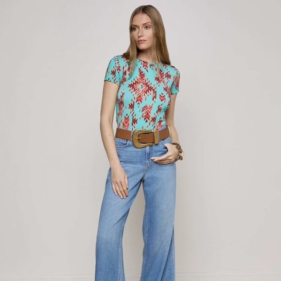 L'AGENCE Ressi Fitted Tee Women‎ S Pool Blue Multi Ganado Shirt Southwestern NEW - Picture 3 of 16